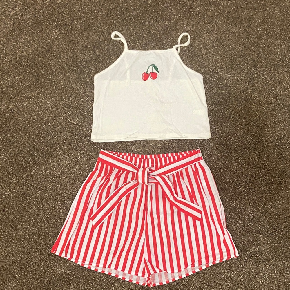 White Cherry Tank Top and Red Striped Shorts Set